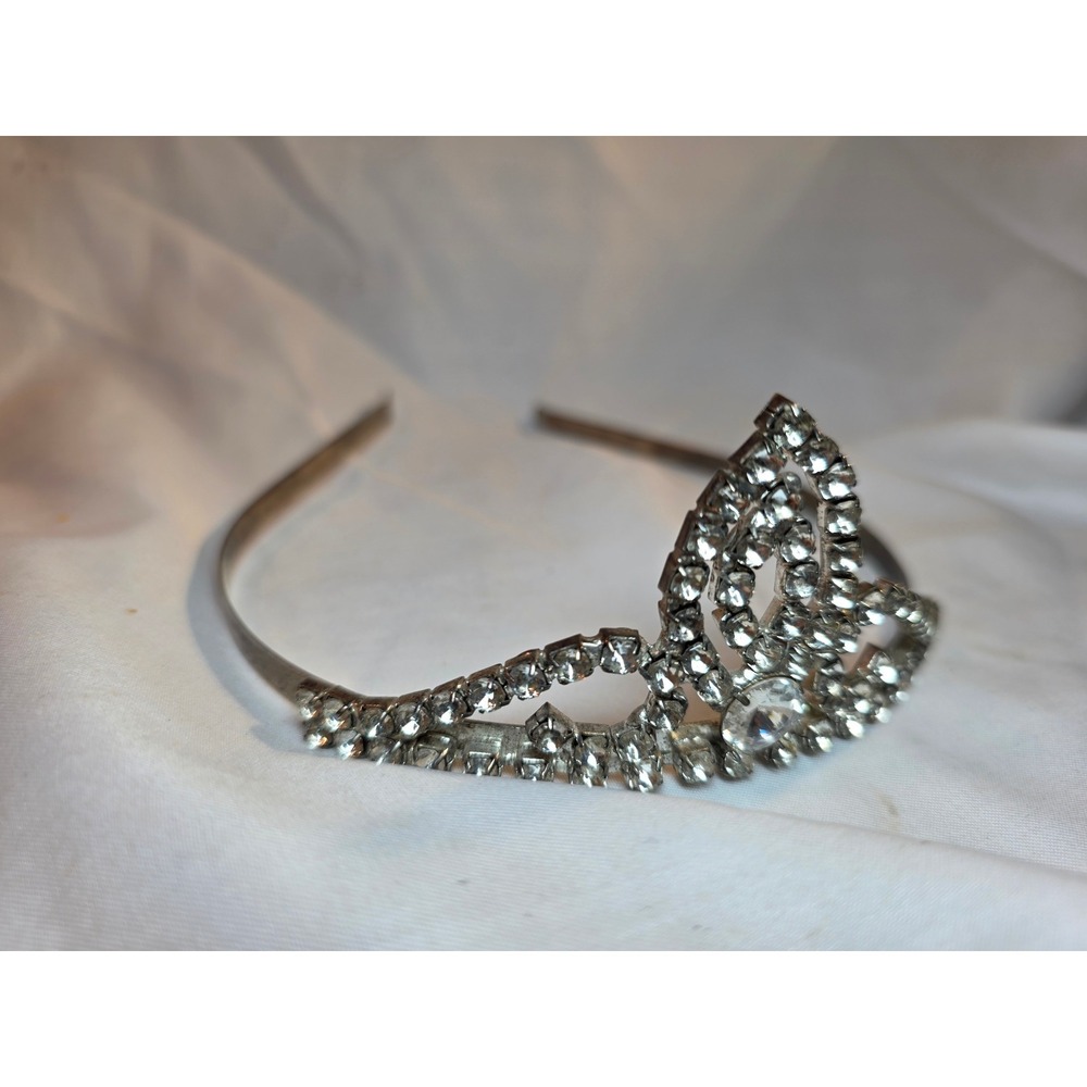 Vintage Silver Rhinestone Tiara Headband Clear Crystal Crown Bridal Prom Costume